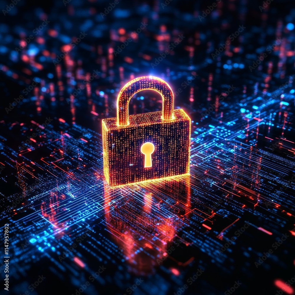 Poster digital lock icon illuminated against a high-tech background, symbolizing cybersecurity and data pro