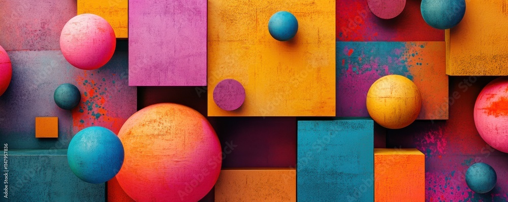 Poster colorful geometric composition with spheres and blocks in vibrant tones the image features a mixture