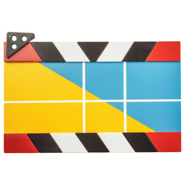 A colorful clapperboard with yellow, blue, and white segments, commonly used in film production to mark scenes and takes, white background, transparent background.