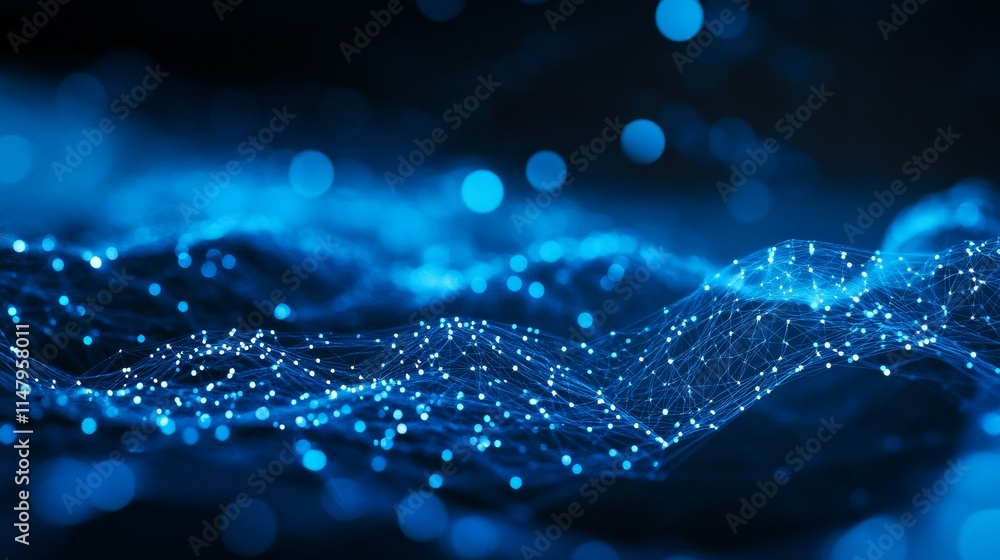 Poster digital representation of waves with glowing blue particles creating a mesmerizing abstract backgrou
