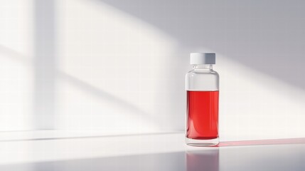 Vibrant red liquid in glass vial on reflective white surface