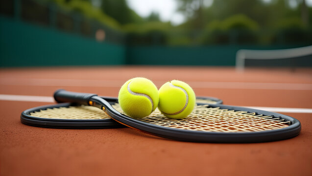Close-up of two tennis balls resting on tennis rackets on a clay court, symbolizing sports and outdoor activities