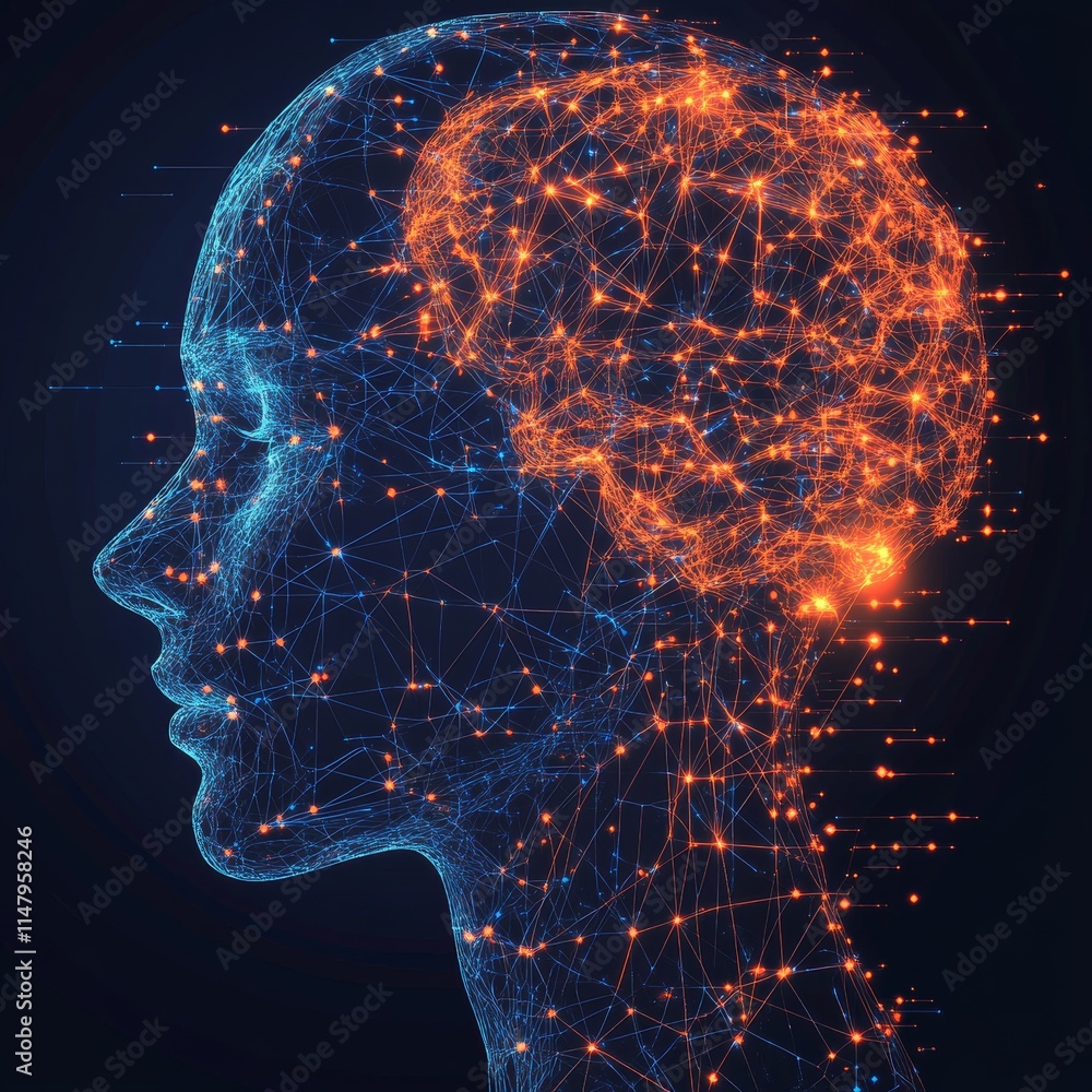 Poster conceptual representation of artificial intelligence in a human silhouette with a glowing brain netw