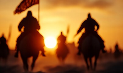 Naklejka premium Silhouetted horseback riders at sunset, flag waving.
