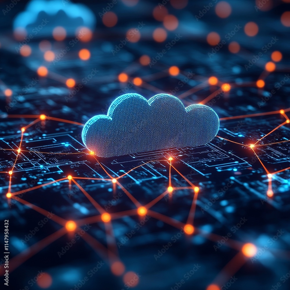 Poster digital cloud technology connecting multiple devices in a network across a dark background with glow