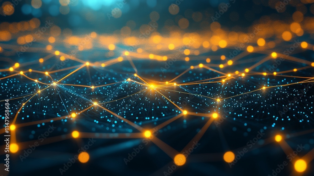 Poster illuminated network of glowing nodes and connections in a digital space showcasing technology and in