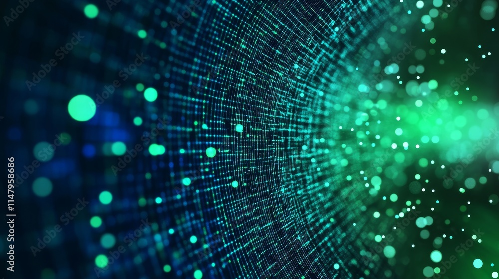 Poster digital network tunnel with glowing particles and vibrant green and blue hues creating a sense of de