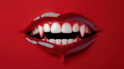 Naklejka premium Sexy Vampire Woman lips with blood,Dripping blood on mouth, witches or beast creatures,female lips with fangs,horror holiday monsters,Vampire makeup Fashion Art design,Halloween banner background.