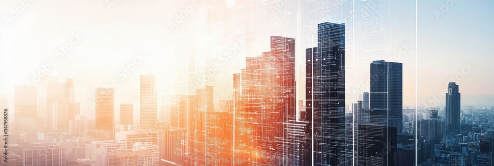 Poster Cityscape illuminated by digital neural network illustrating artificial intelligence integration in urban environments. Generative AI