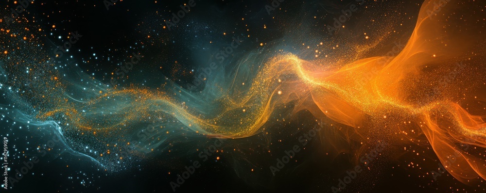 Poster a modern abstract background with wavy lines and particle effects.