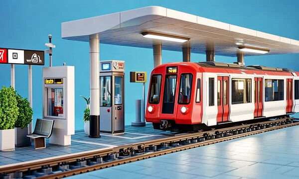 A model train station featuring a red train, platforms, and a ticket booth.
