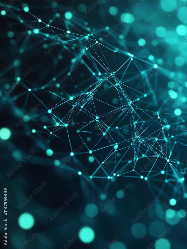 Poster digital network connections illuminated in blue and green showcasing modern technology and data inte