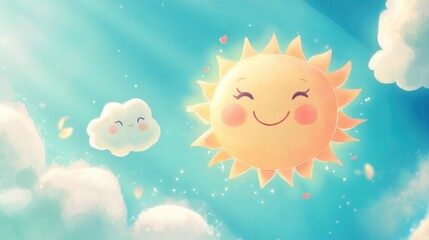 Happy Sun and Cloud Friends in a Sky
