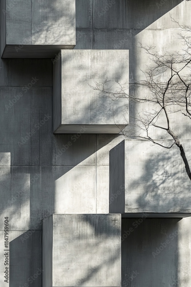Poster abstract view of a concrete wall featuring geometric patterns and tree shadows, showcasing modern ar