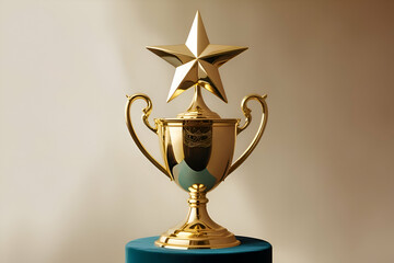 The image shows a gleaming gold trophy with a star on top. It's standing tall on a dark blue or green velvet base.
