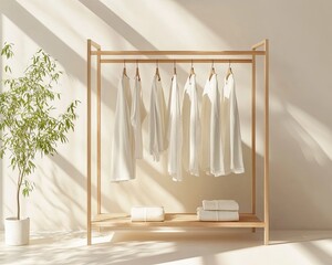 A wooden clothes rack with white clothes hanging on it