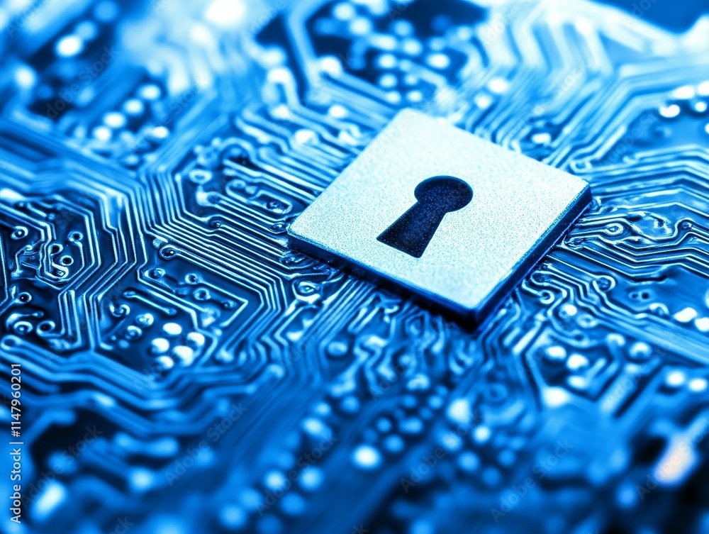 Poster secure technology background featuring a keyhole design overlaid on intricate circuit board patterns
