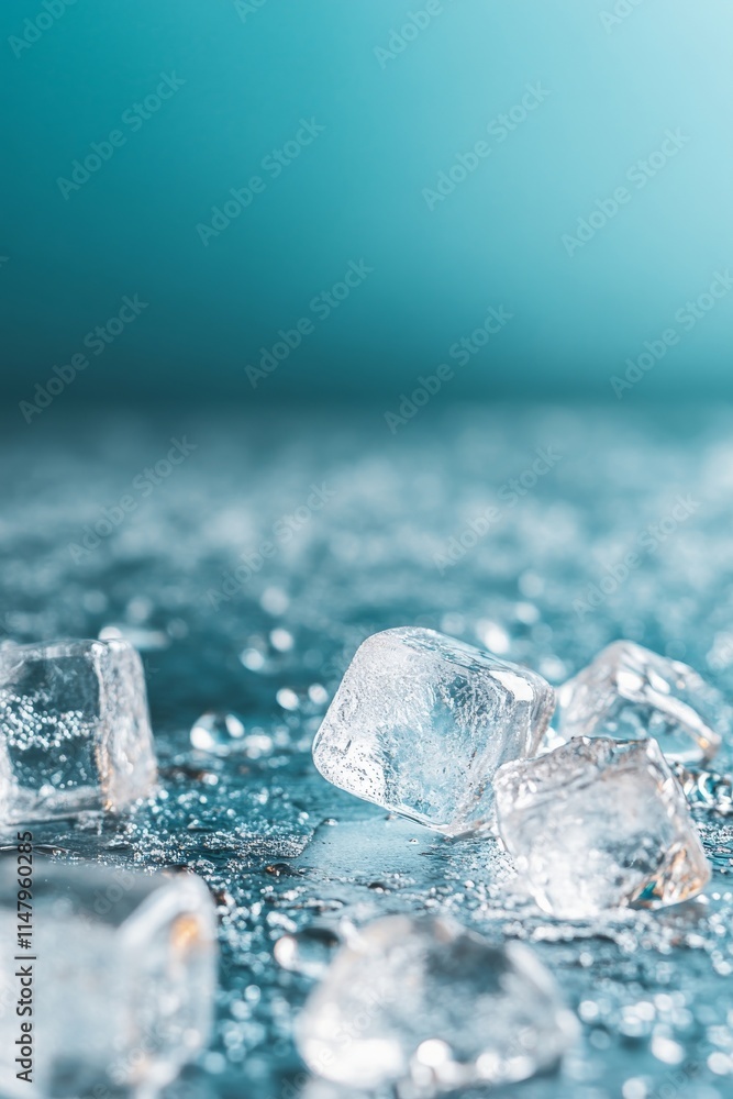 Poster a blue background with a bunch of ice cubes on it. the ice cubes are scattered all over the backgrou