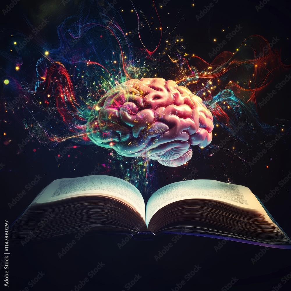 Poster exploration of knowledge with an open book and a colorful brain emerging in a creative display of im