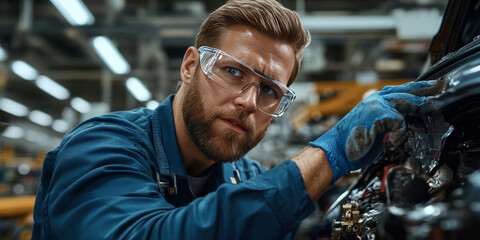 Professional automotive mechanic repairing car engine in a modern workshop