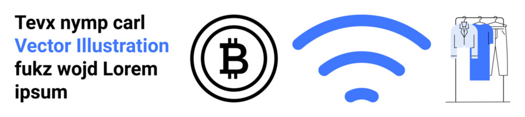 Bitcoin symbol, wireless signal, clothing on rack with placeholder text. Ideal for technology, fashion, ecommerce, cryptocurrency, connectivity digital lifestyle marketing. Landing page