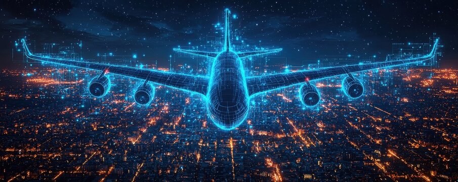 Digital blueprint of an airplane over a cityscape with a futuristic vibe
