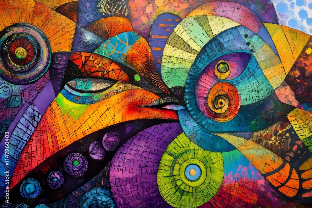 Poster vibrant abstract artwork depicting colorful patterns and forms, showcasing a blend of shapes and tex