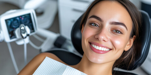 Fototapeta premium Beautiful woman smiling while sitting in a dentist chair during a checkup