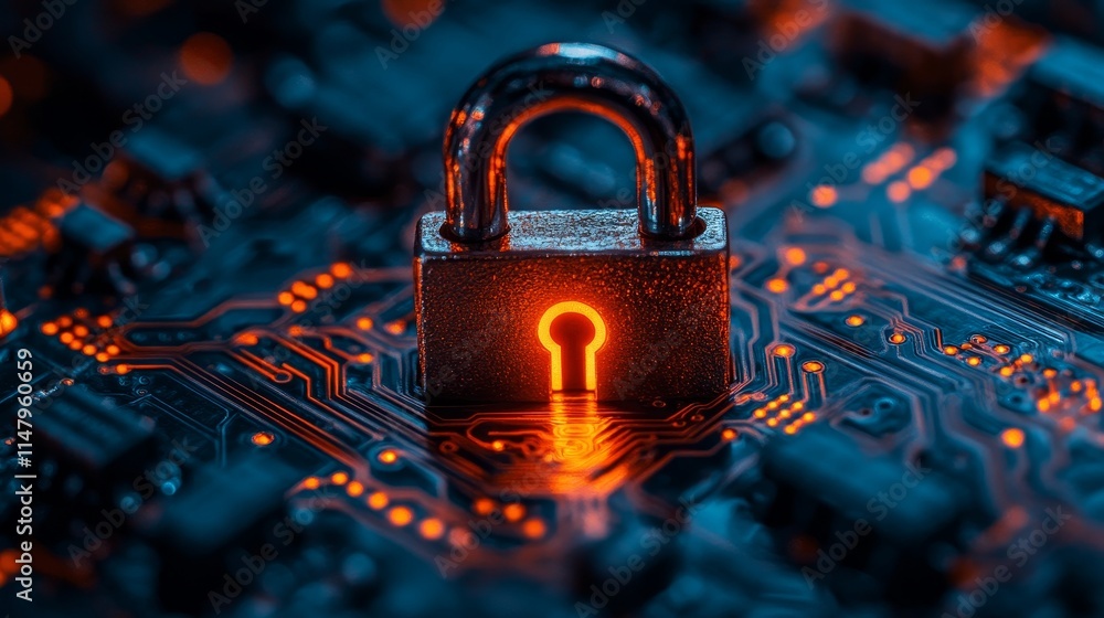 Poster focus on cybersecurity with a digital padlock glowing against a circuit board background, emphasizin