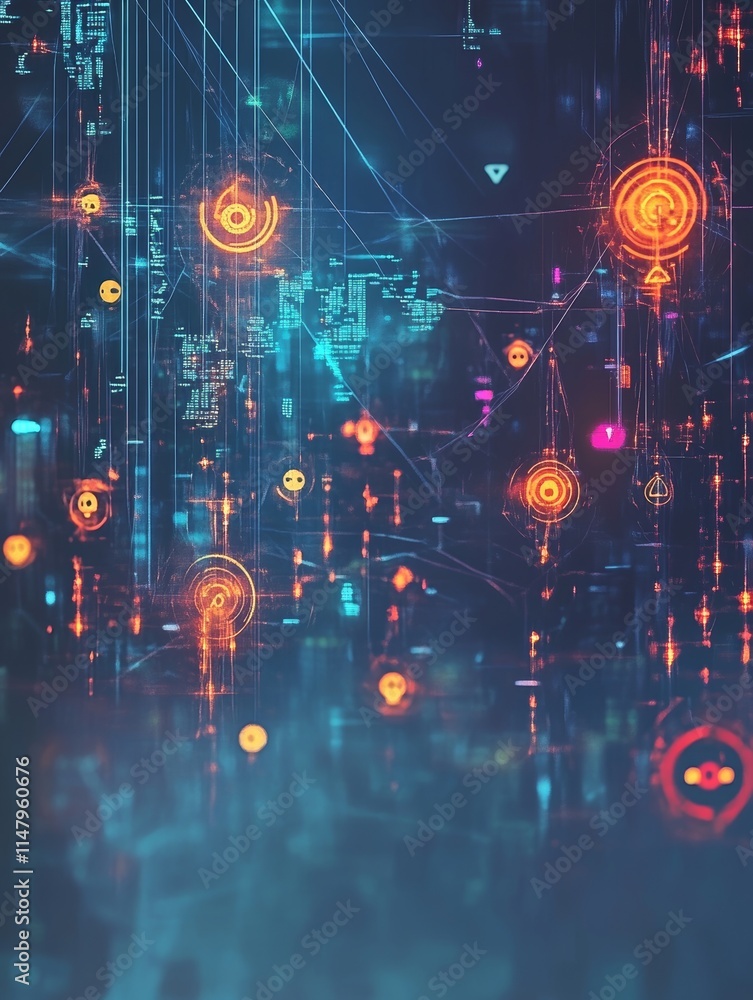 Poster digital network visualization with glowing nodes and data connections in a futuristic cyber landscap