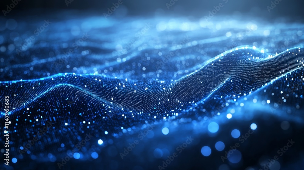 Poster dynamic blue waves illuminated by shimmering particles create a mesmerizing visual effect in a dark 