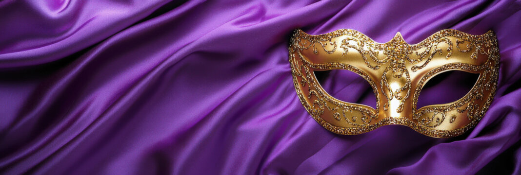  Mascara de carnaval dorada y  tallada con formas art&iacute;sticas, sobre una tela de seda morada. Concepto carnaval de venecia