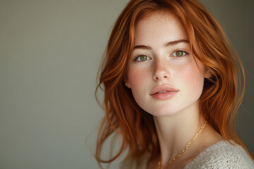 Naklejka premium A portrait of a young woman with vibrant red hair and freckles, gazing directly at the camera.