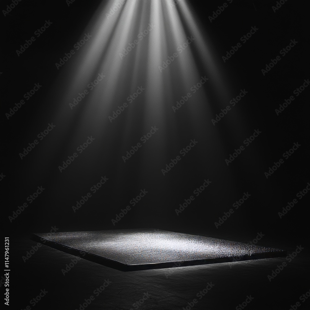 Poster bright floodlights illuminate a simple stage platform in a dark setting for an artistic performance 