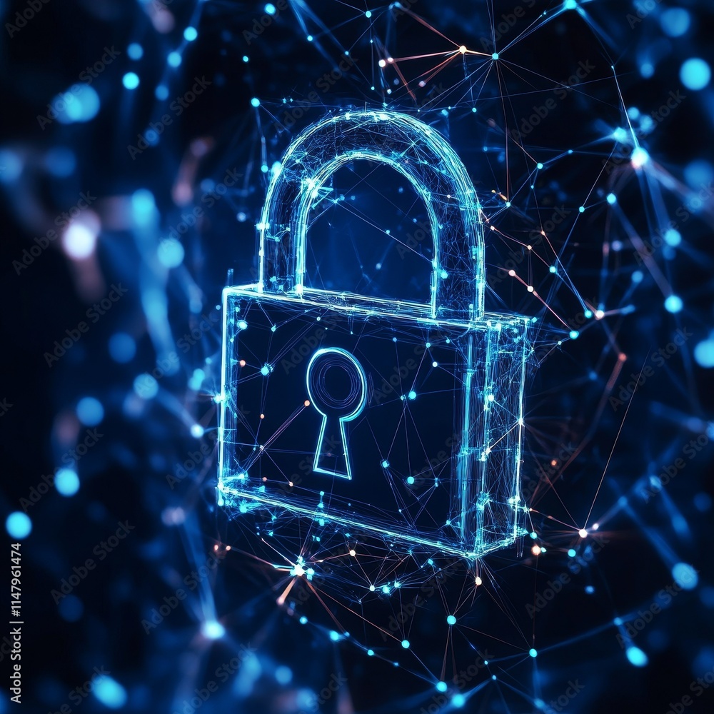 Poster Digital Illustration of a Glowing Lock Symbolizing Cybersecurity and Data Protection in a Futuristic Network With Interconnected Nodes and Lines