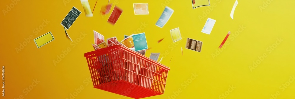 Poster floating red shopping basket with colorful cards dropping from above against a bright yellow backgro
