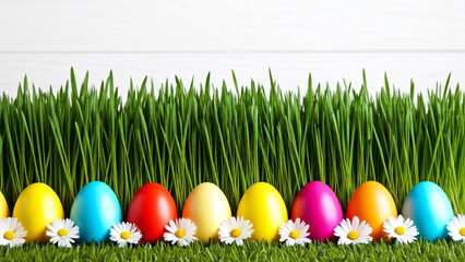 Fototapeta premium A row of colorful Easter eggs sitting in fresh green grass with white daisies, set against a clean, white wooden background. Perfect for spring or Easter-themed designs.