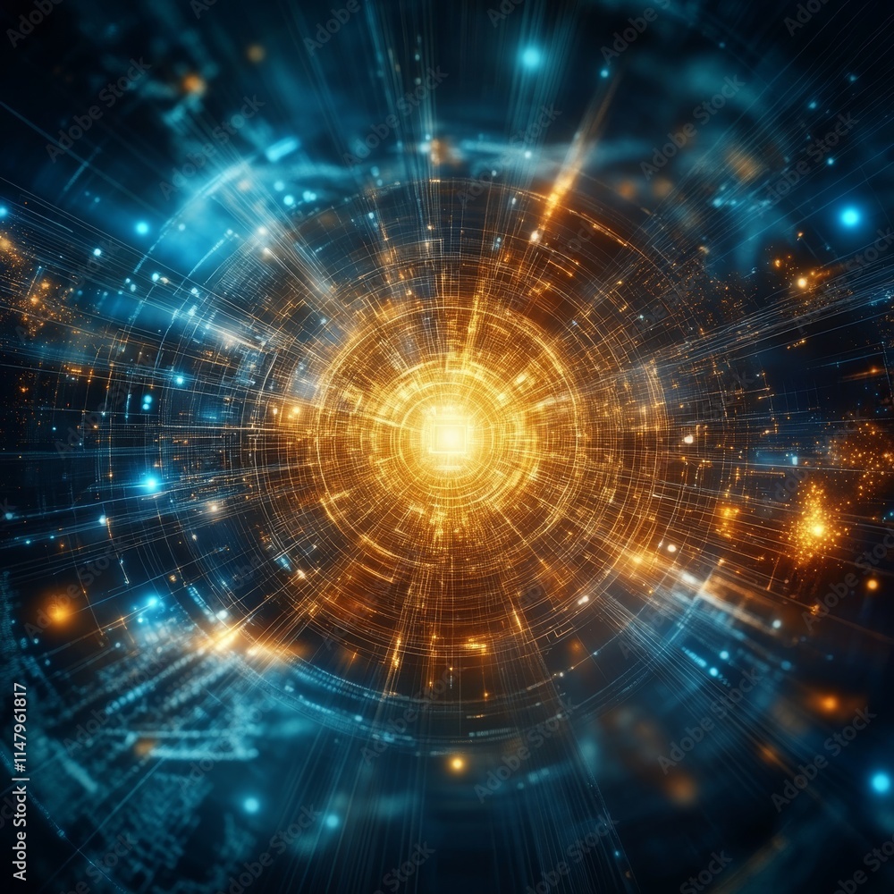 Poster colorful cosmic explosion of light and particles creates a dynamic, futuristic visual representation