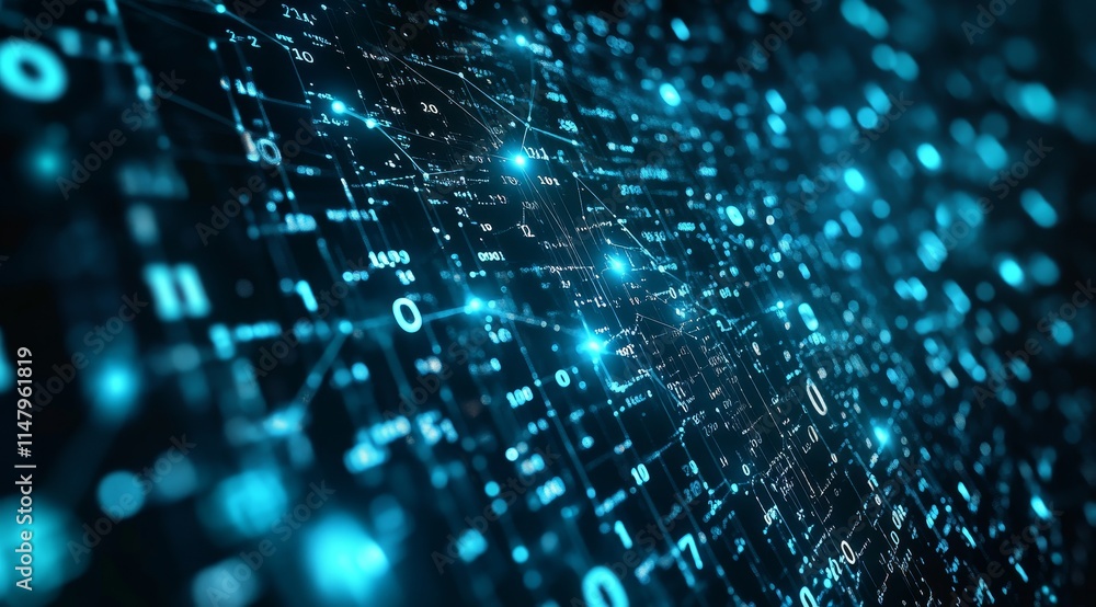 Poster abstract representation of data flow in a digital network environment with bright blue lines and num