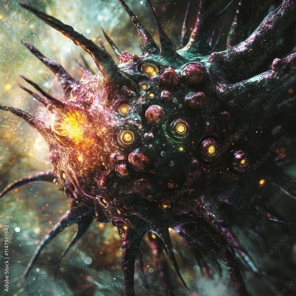 Poster intricate depiction of a cosmic virus in deep space showcasing vivid colors and detailed textures du
