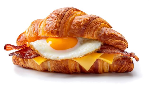 A breakfast sandwich with egg, bacon, and cheese on a croissant is isolated on a white background