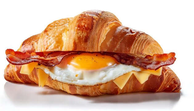 A breakfast sandwich with egg, bacon, and cheese on a croissant is isolated on a white background