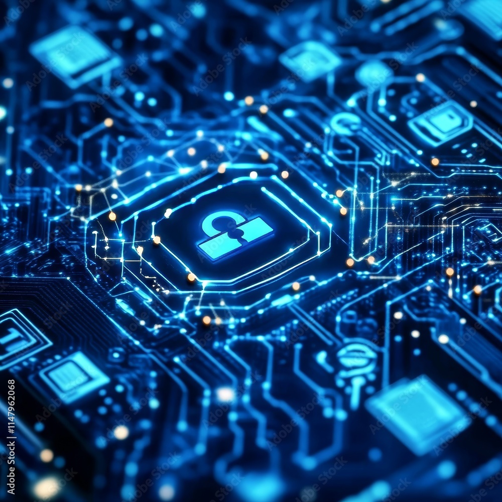 Poster dramatic close-up view of a high-tech circuit board with glowing blue connections and a lock symbol 
