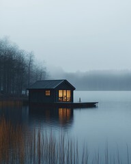 Fototapeta premium A small cabin is sitting on a dock in front of a lake