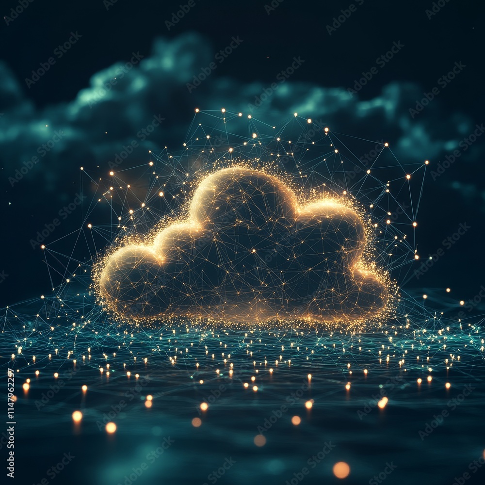 Poster digital cloud formation with glowing particles and network connections over a dark background at nig