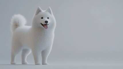 Playful White Samoyed Dog Standing Against Soft Gray Background