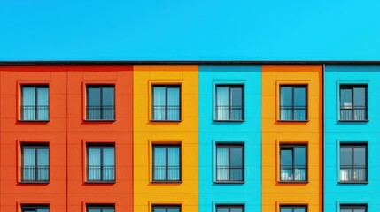 Fototapeta premium Colorful apartment building facade against a clear blue sky.