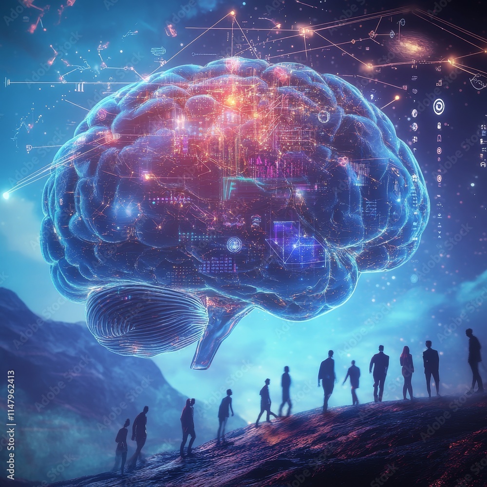 Poster exploring the connection between humanity and intelligence represented by a large holographic brain 