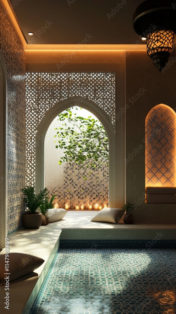 Poster a small room with a pool and a window. the window has a tree in it. there are two pillows on the flo