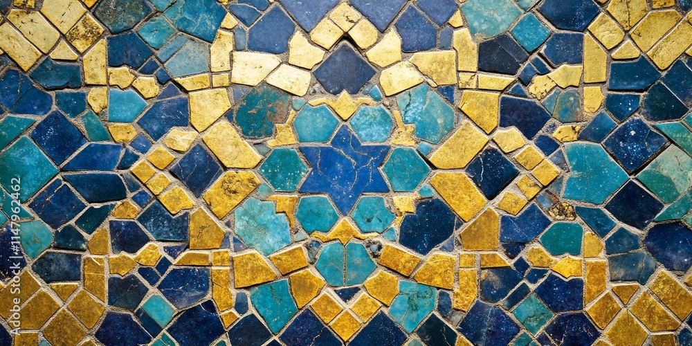 Poster a blue and gold mosaic tile pattern. the tiles are arranged in a pattern